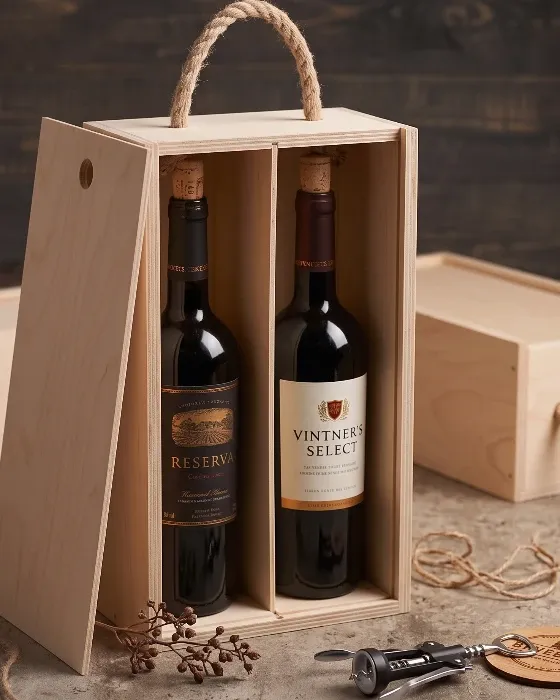 Caja de Madera para 2 Botellas con Asa de Cuerda imagen 2