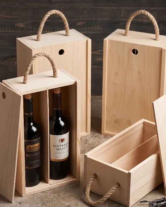 Caja de Madera para 2 Botellas con Asa de Cuerda imagen 3