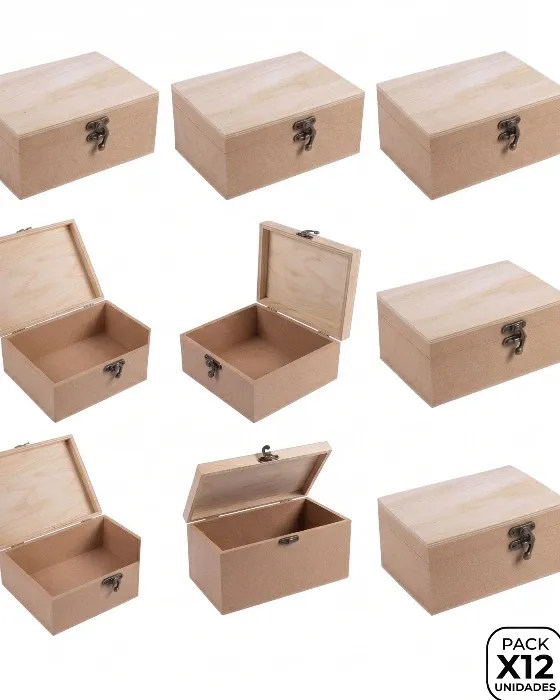 Pack x12 Caja Baúl de MDF con Bisagra y Herraje Envejecido - Lote Mayorista