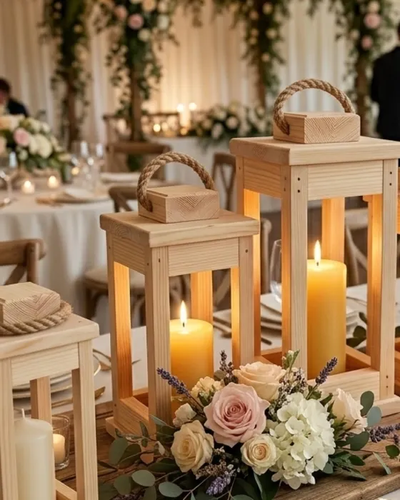 Centro de Mesa Artesanal de Madera de Pino para Velón con Asa de Cuerda