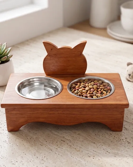 Comedero Ergonómico para Gatos - Base de Madera con Platos de Acero imagen 3