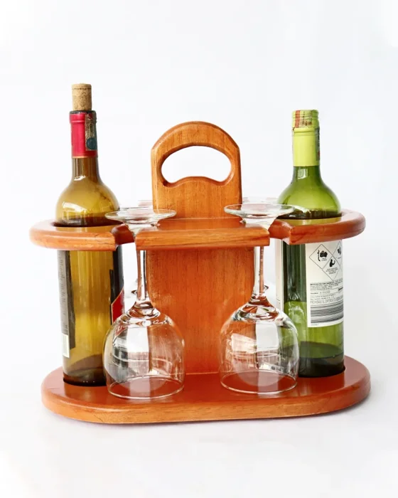 Vinera o Vinoteca Portátil de Madera para Dos Botellas y Cuatro Copas