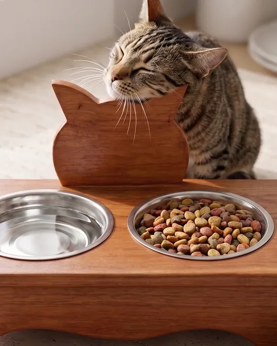 Comedero Ergonómico para Gatos - Base de Madera con Platos de Acero imagen 4